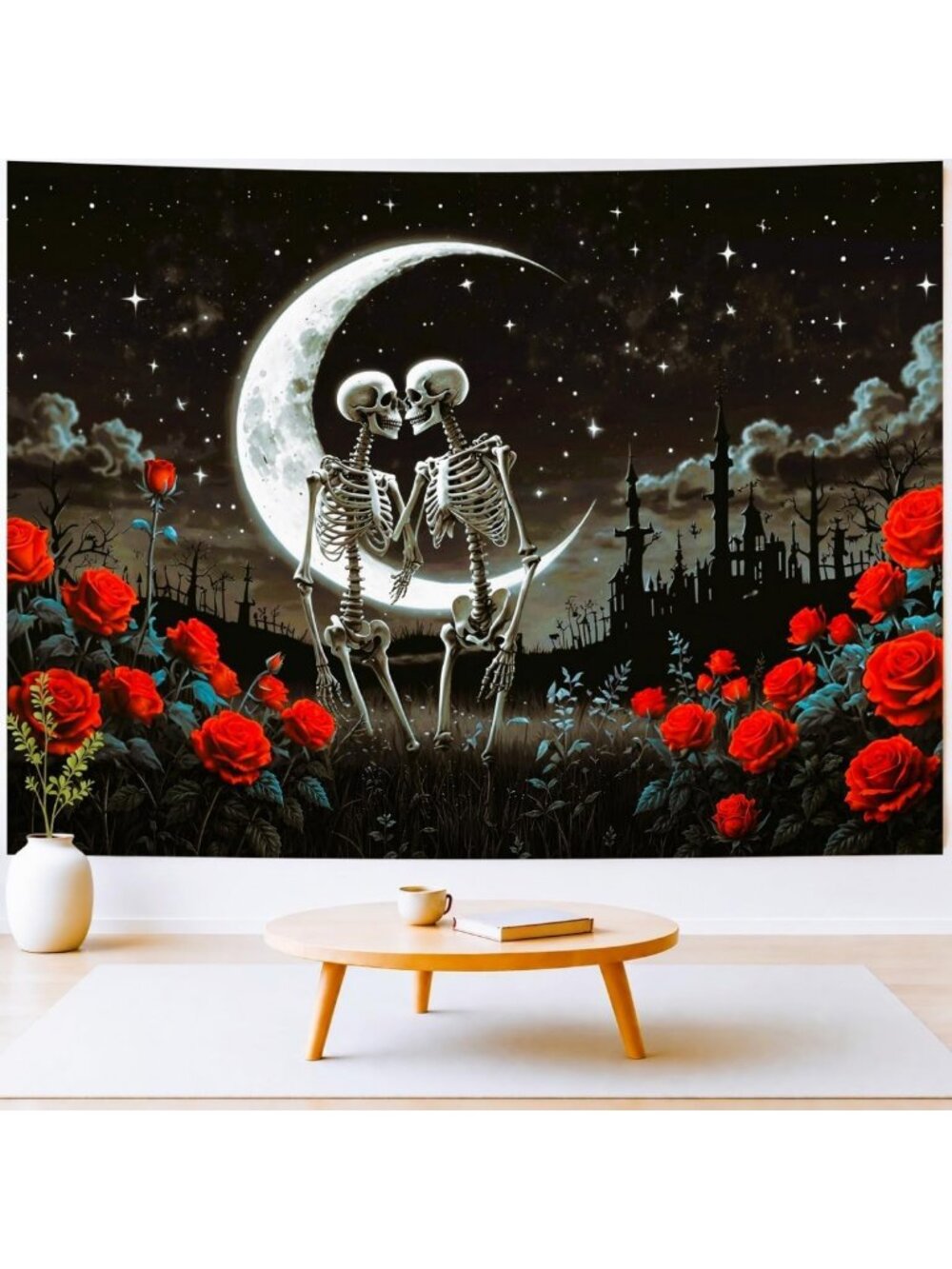 Gothic Skull Tapestry - Black & White Floral Constellation Wall Hanging Decor